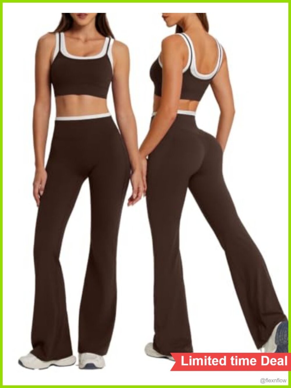 Womens Nylon Elastane Flare Leggings Workout Set Padded Sports Bra Pilates Gym